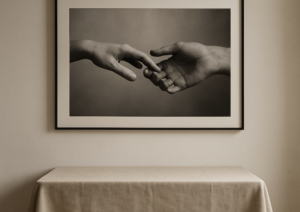 Linen-draped table in a gallery room displaying a black-and-white photograph of two hands touching