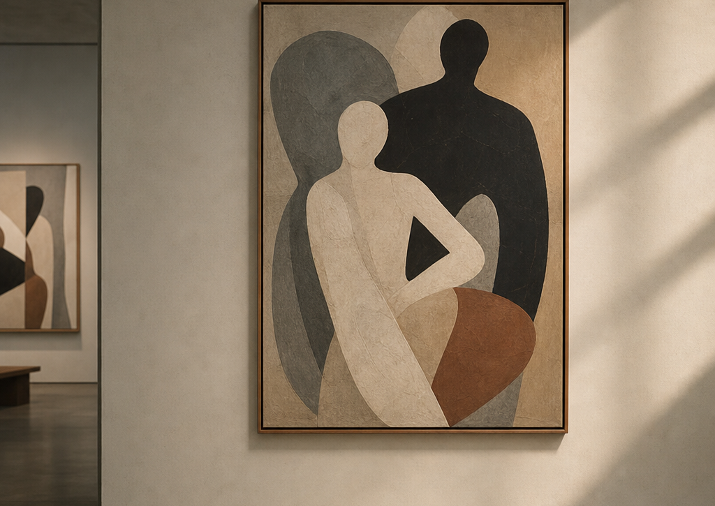 Contemporary gallery wall with framed abstract figurative art in soft natural light.