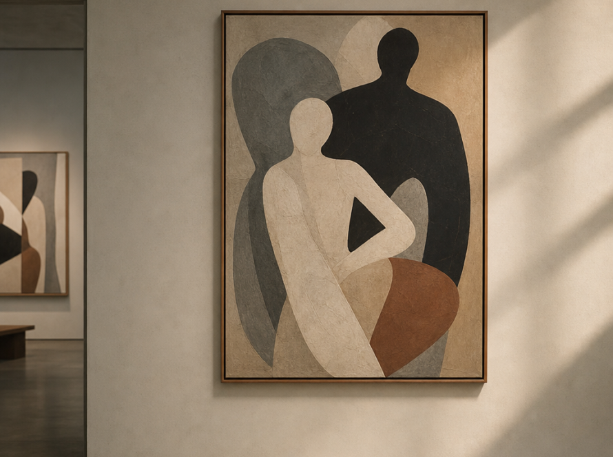 Contemporary gallery wall with framed abstract figurative art in soft natural light.