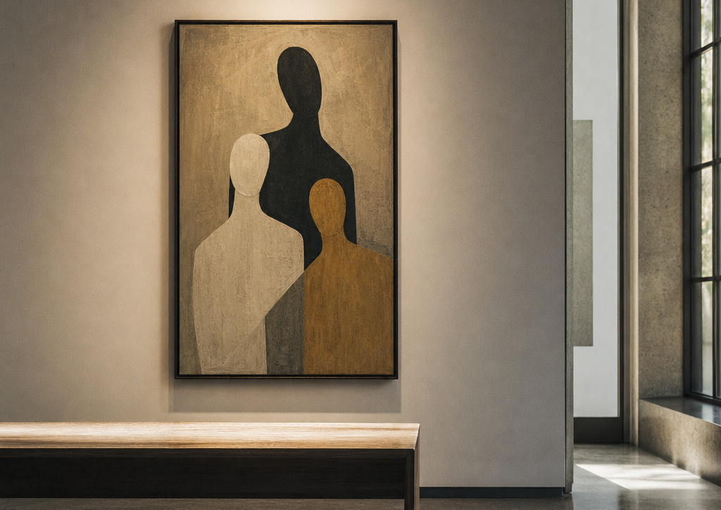 A softly lit gallery wall featuring a single framed artwork, with gentle shadows and a tranquil atmosphere.