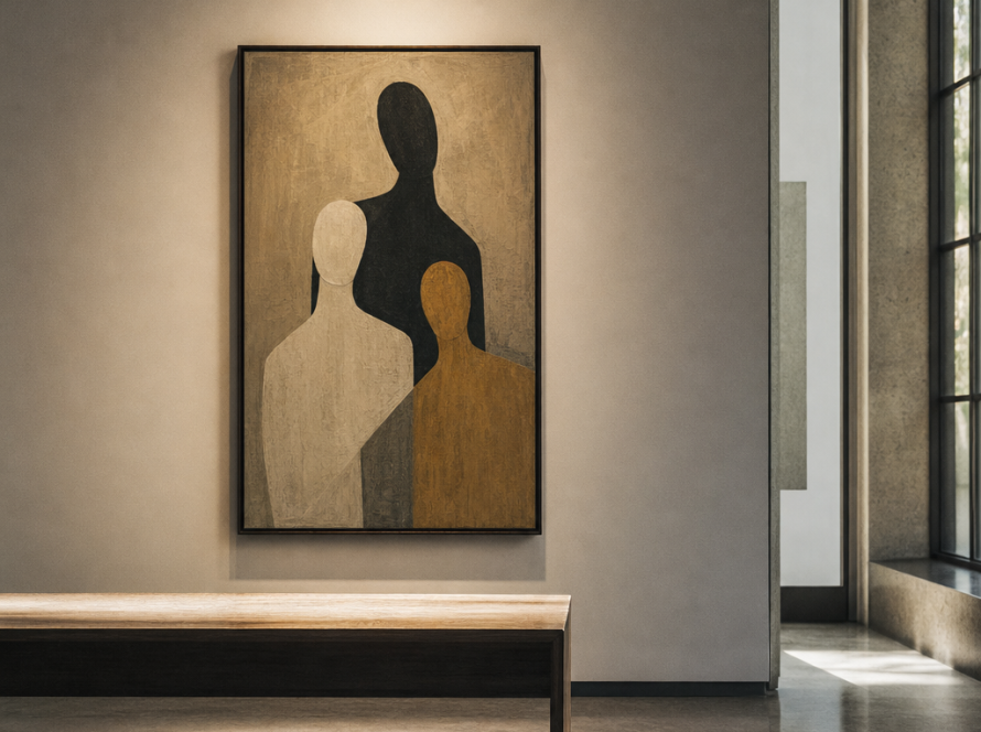 A softly lit gallery wall featuring a single framed artwork, with gentle shadows and a tranquil atmosphere.