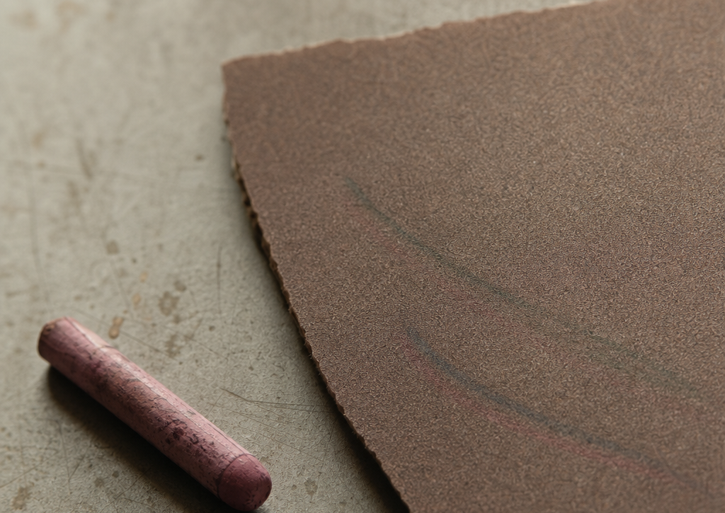 Close-up of sandpaper and colored crayon with faint marks, softly lit