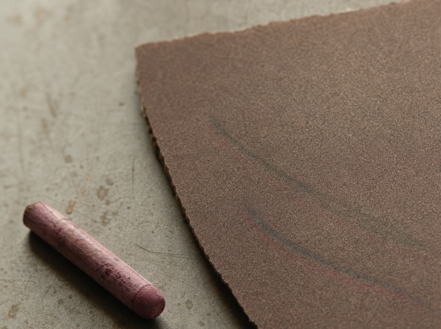 Close-up of sandpaper and colored crayon with faint marks, softly lit