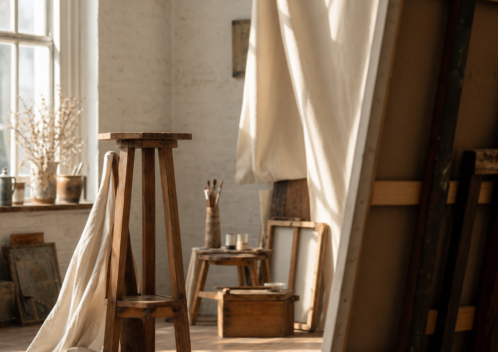 Artist’s studio with model stand, draped cloth, scattered drawing tools and canvas in natural light