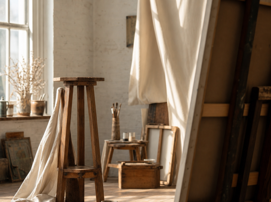 Artist’s studio with model stand, draped cloth, scattered drawing tools and canvas in natural light