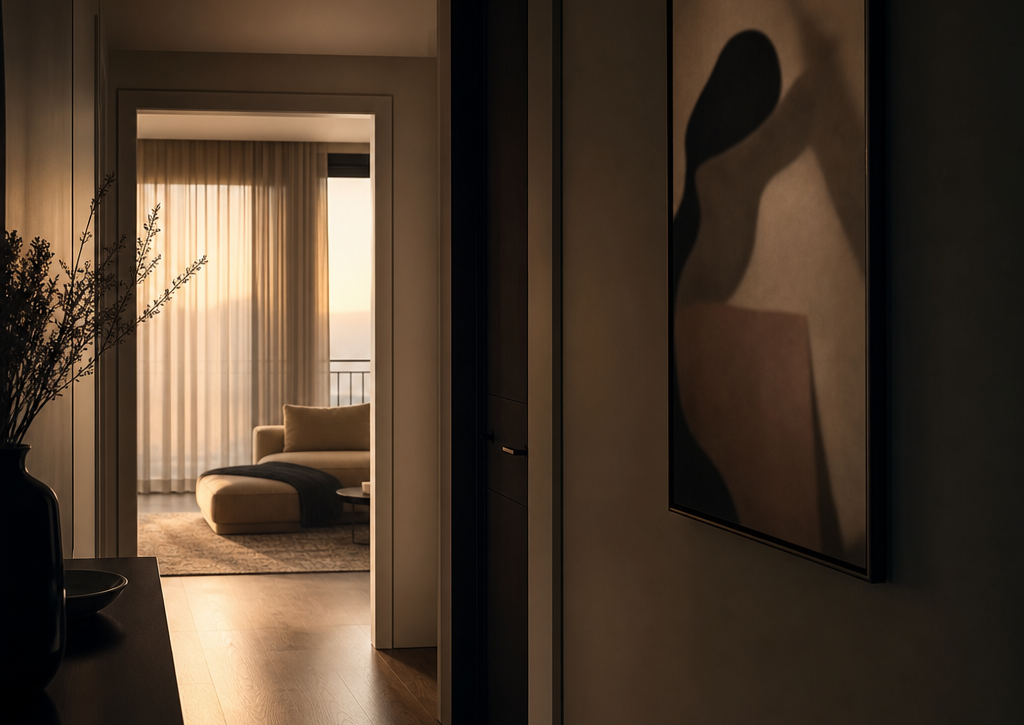 A softly lit modern hallway with a framed artwork on the wall, suggesting intimacy in a private home.