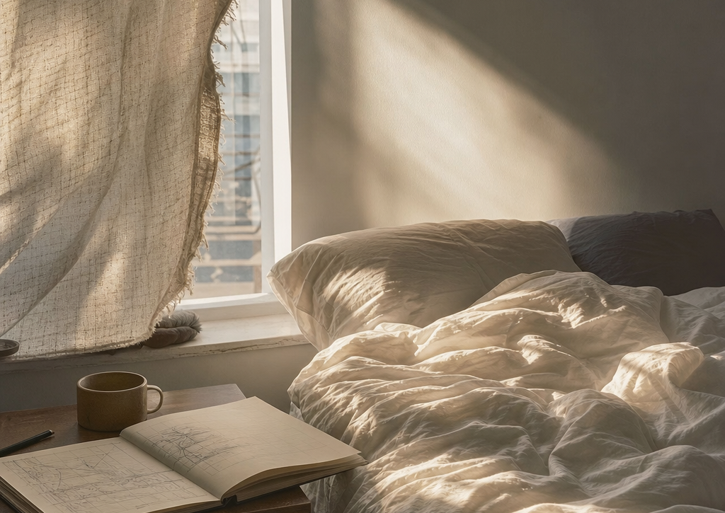 A quiet sunlit bedroom with a crumpled bedsheet, open sketchbook, and a half-drawn curtain suggesting privacy.
