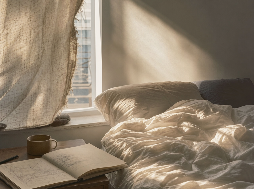 A quiet sunlit bedroom with a crumpled bedsheet, open sketchbook, and a half-drawn curtain suggesting privacy.