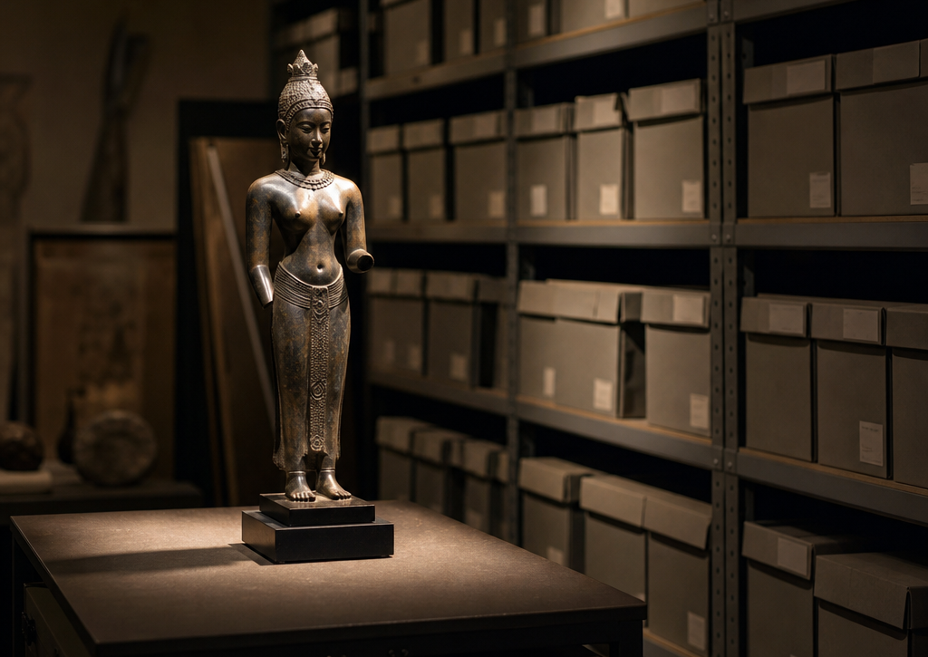 Museum storage room with shelves, archival boxes and a spotlighted bronze statuette