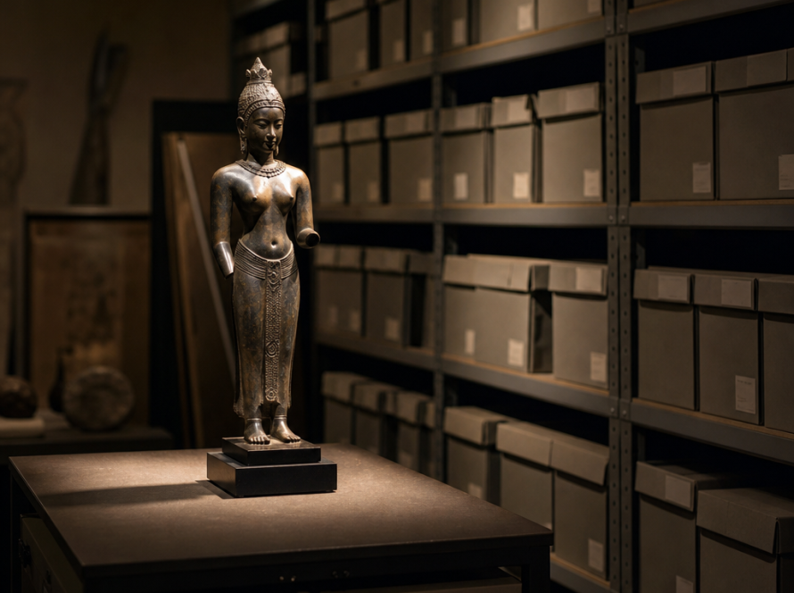 Museum storage room with shelves, archival boxes and a spotlighted bronze statuette