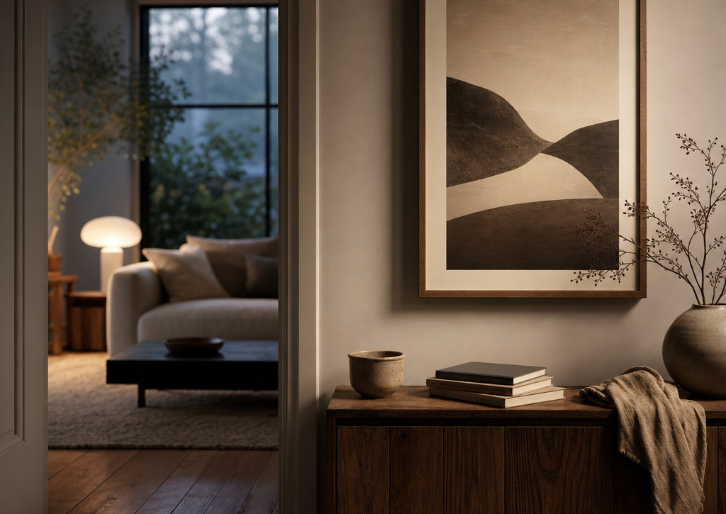A softly lit hallway and living room with a single framed artwork above a sideboard, books and ceramics nearby.
