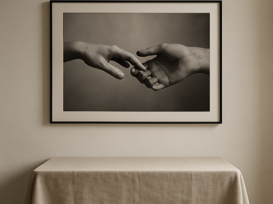 Linen-draped table in a gallery room displaying a black-and-white photograph of two hands touching