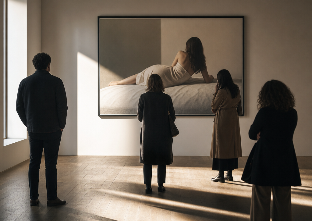 Adults in a sunlit gallery quietly observing a large photograph of a reclining woman, emphasizing the act of looking.