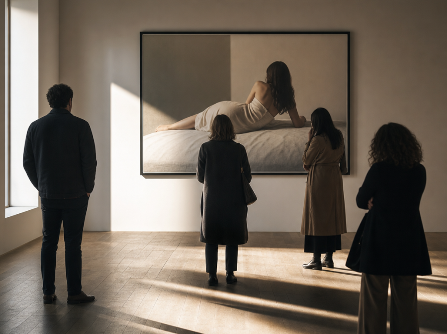 Adults in a sunlit gallery quietly observing a large photograph of a reclining woman, emphasizing the act of looking.