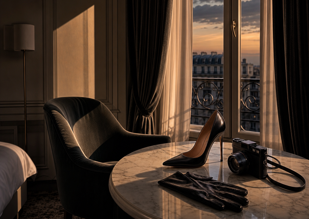A dimly lit hotel room with velvet drapes, marble table, high heel, glove and camera arranged in crisp evening light.