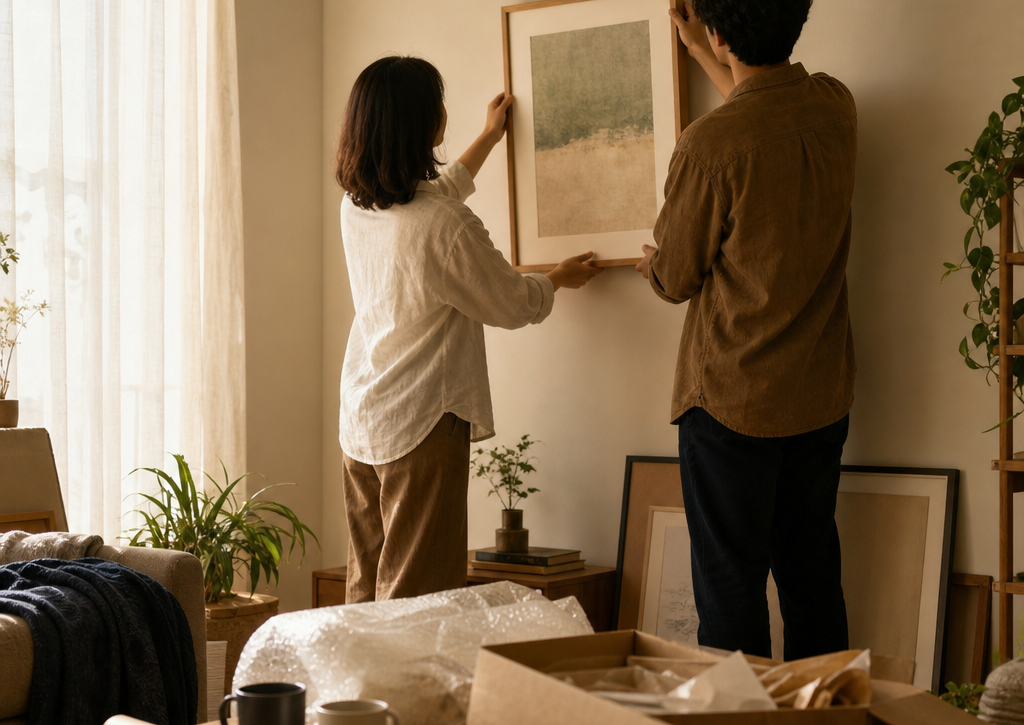 Two adults arranging a framed artwork on a living room wall with morning light and unpacked art materials.