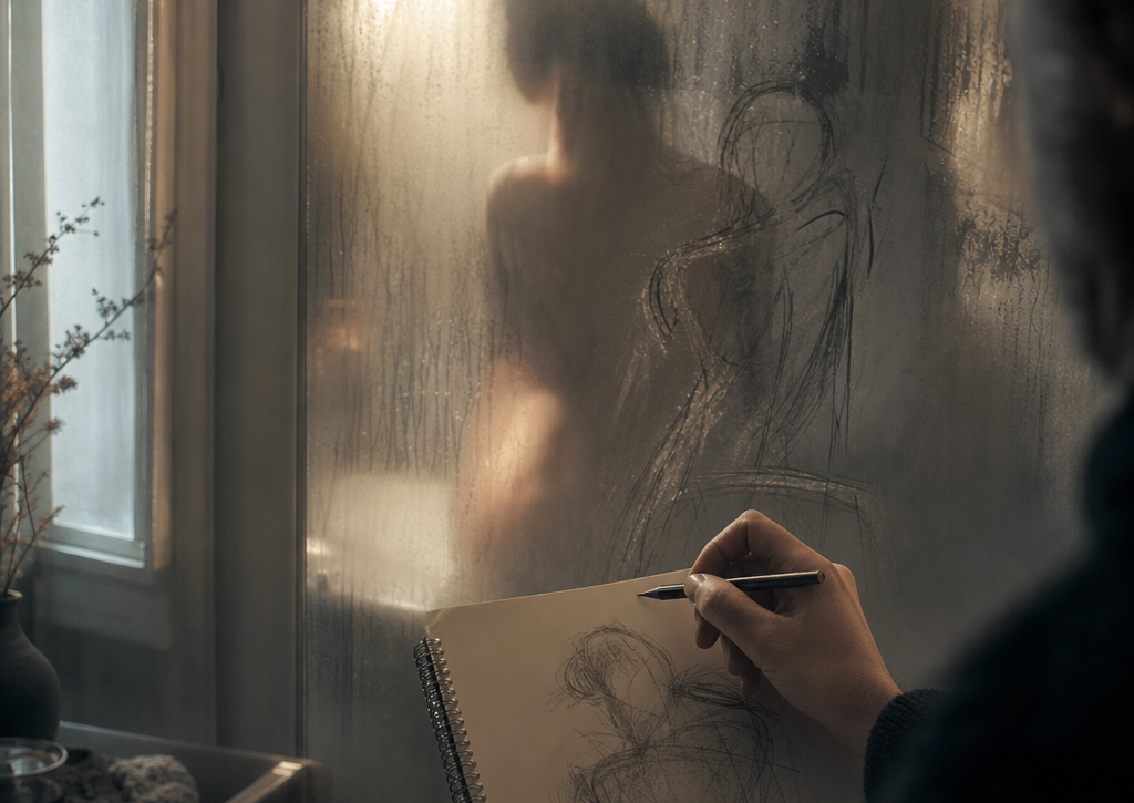 An artist’s hand draws a figure behind fogged glass, graphite pencil and sketchbook on a table, soft interior lighting.