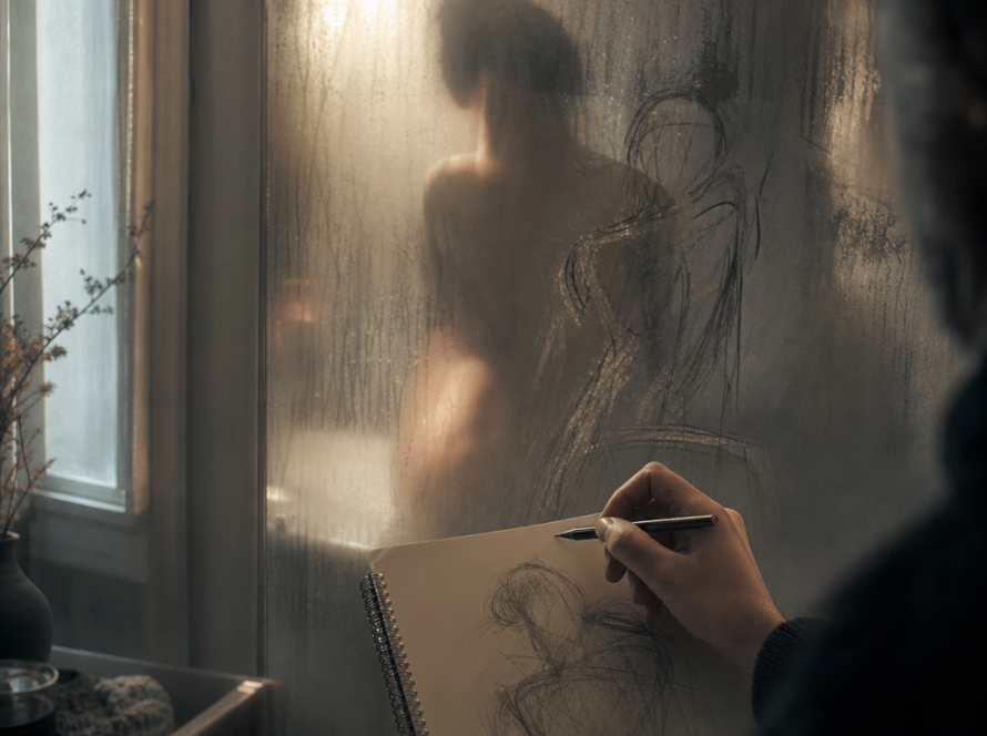 An artist’s hand draws a figure behind fogged glass, graphite pencil and sketchbook on a table, soft interior lighting.